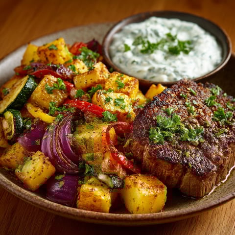 A plate of food with a steak, vegetables, and sauce.