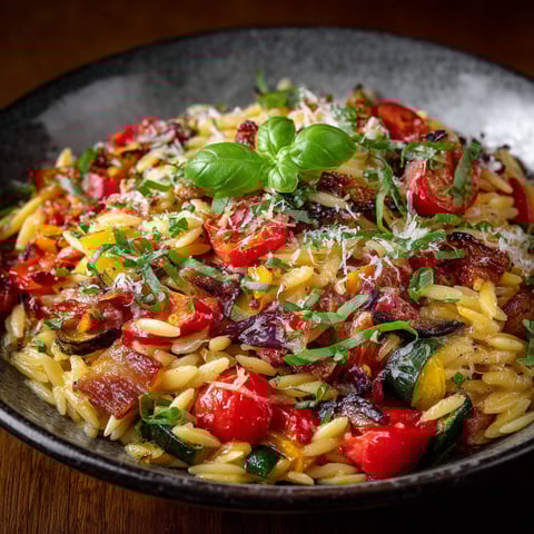 A bowl of pasta with tomatoes and basil.