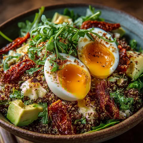 A bowl of salad with eggs, avocado, and quinoa.