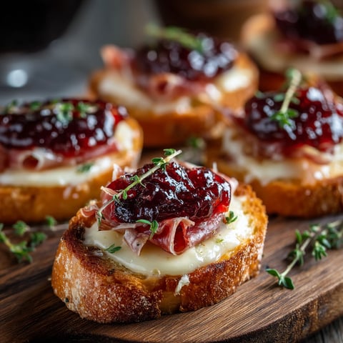 Crostini with brie, cherry jam and prosciutto.