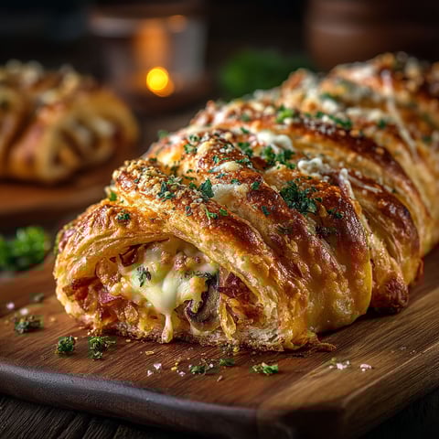 A pastry with cheese and mushrooms on top.