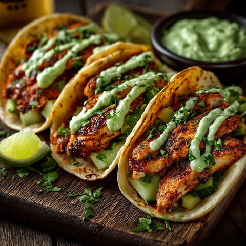 Tacos with chicken and avocado sauce.
