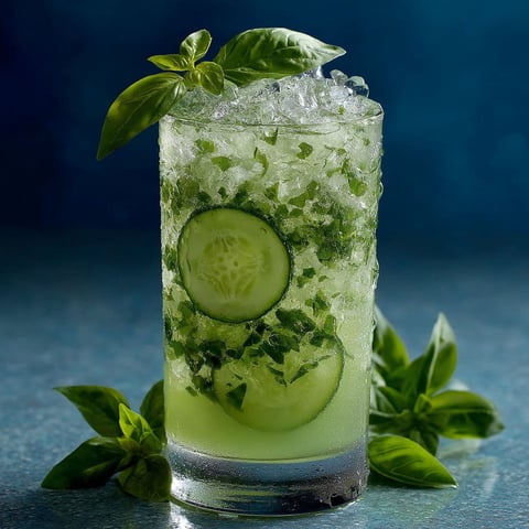 A glass of cucumber smash with a green garnish.