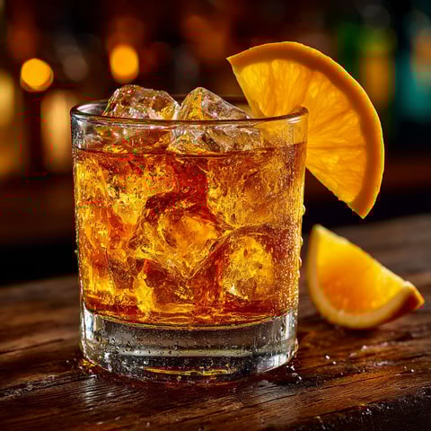 A glass of ginger whisky with a slice of orange.
