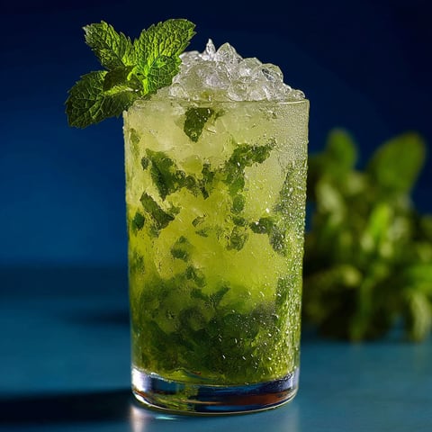 A glass of green tea with mint leaves.