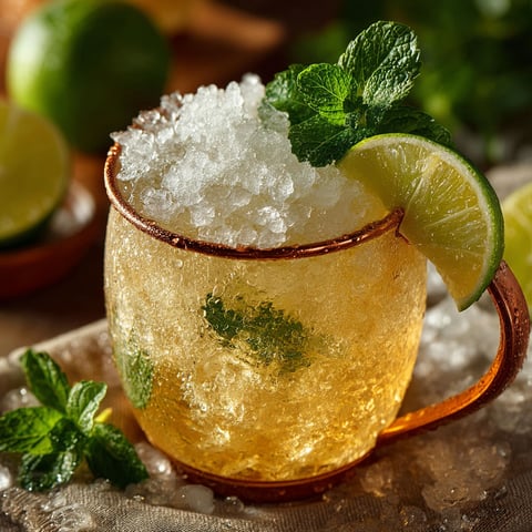 A glass of Canadian mule with a lime wedge.