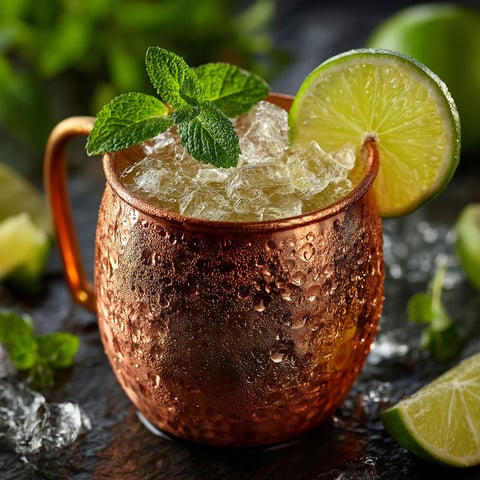 A Moscow Mule with lime and mint.