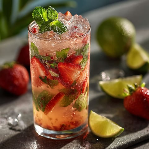 A glass of strawberry mint drink with a lime wedge on the side.