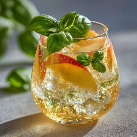 A glass of Lillet tonic pêche & basilic.