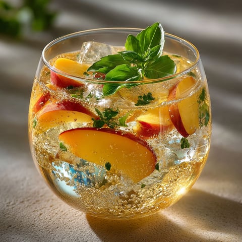 A glass of Spritz St Germain with a slice of peach.