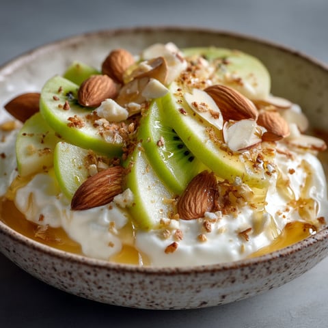 A bowl of yogurt with kiwi and almonds.
