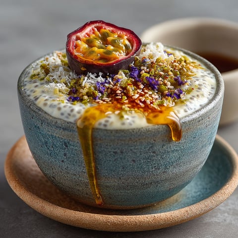 A bowl of pudding with chia seeds and coconut.