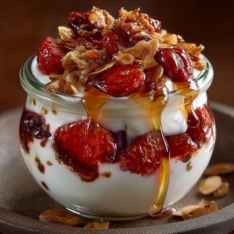 A bowl of yogurt and strawberries.