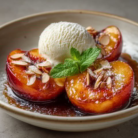 A plate of nectarines with vanilla ice cream on top.