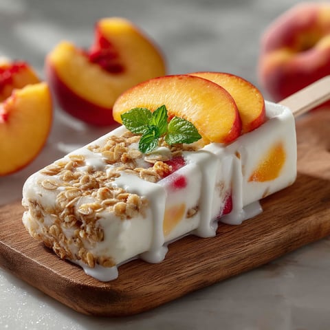 A wooden board with a glace au yaourt, pêche & granola dessert on it.