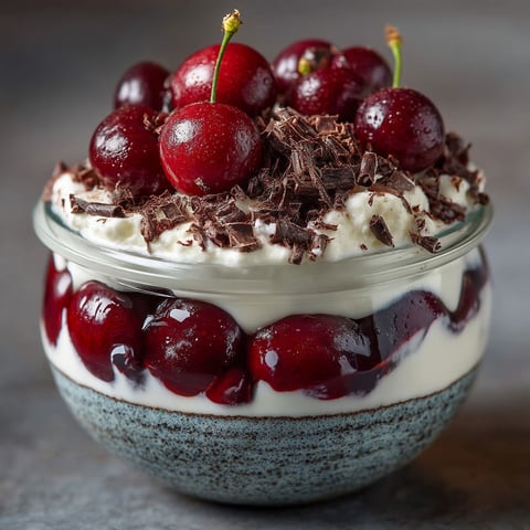 A bowl of yogurt with cherries and chocolate on top.