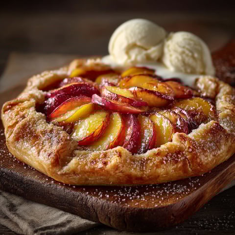 A rustic dessert made with peaches.