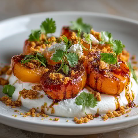 A plate of food with roasted peaches, coriander, and whipped cream.
