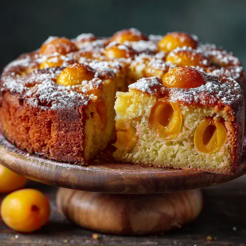 A slice of a cake with mirabelles on top.