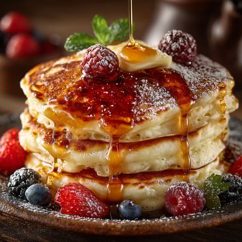 A stack of pancakes with syrup and berries.