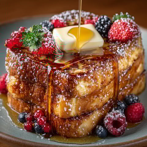 A stack of French toast with butter and syrup.