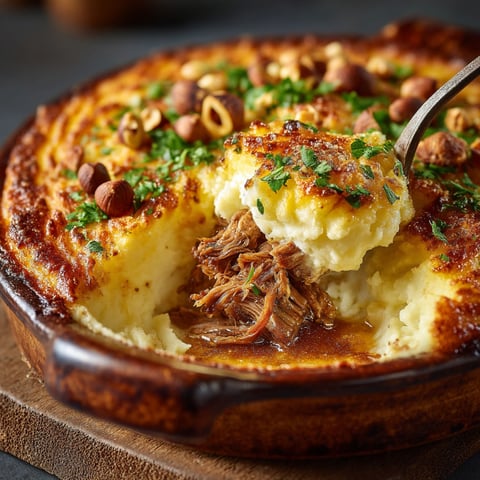 A close up of a delicious looking Parmentier de canard.