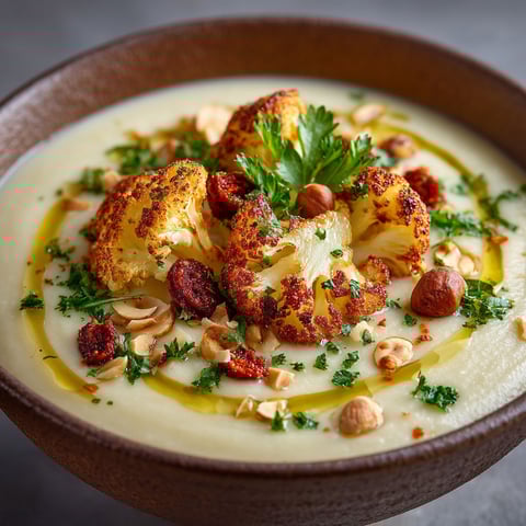A bowl of soup with cauliflower, chorizo, and nuts.