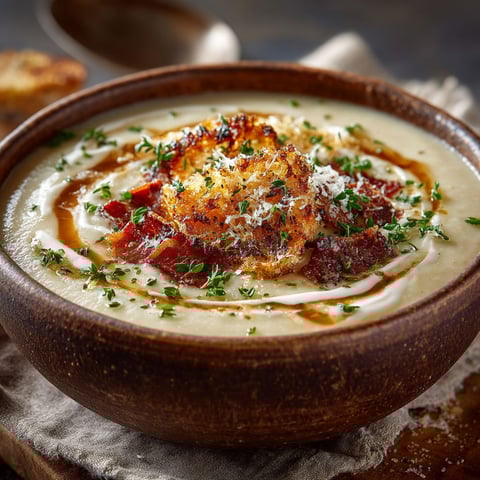 A bowl of soup with a piece of meat in it.