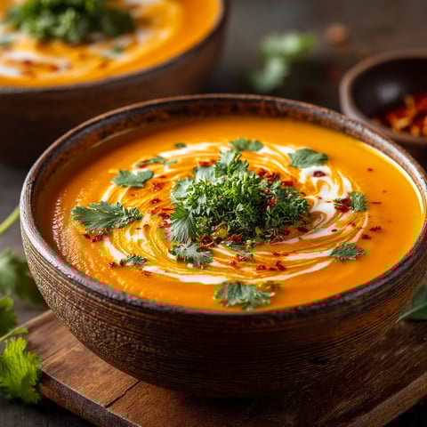 A bowl of soup with a green garnish.