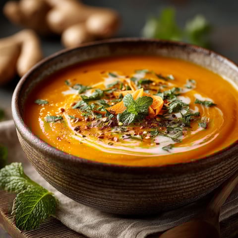 A bowl of soup with a spoon in it.