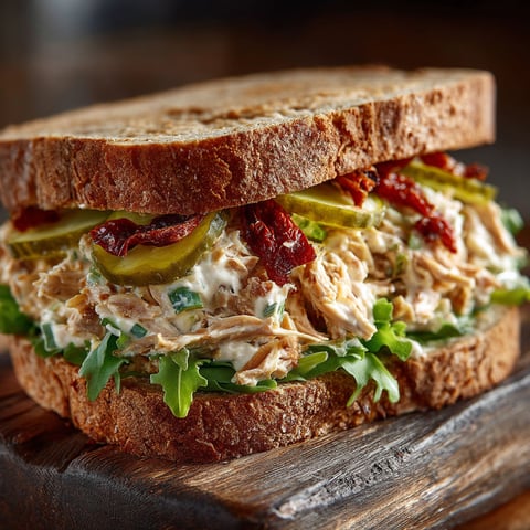 A sandwich on a wooden table.