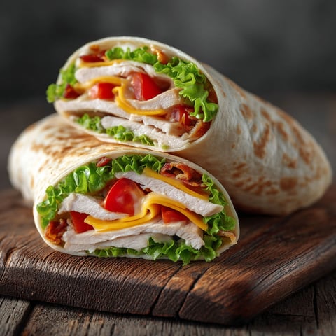 A wrap with chicken and tomatoes.