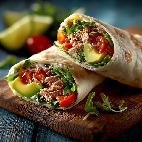 A wrap with tomatoes and avocado.