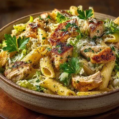 A bowl of pasta salad with chicken and cheese.