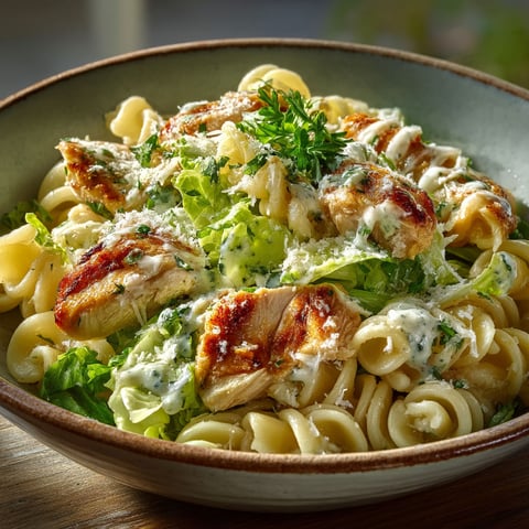 A bowl of pasta salad with chicken and parmesan cheese.