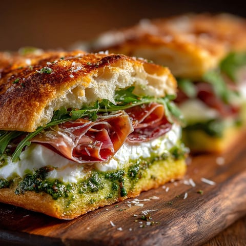 A sandwich with prosciutto, pesto, and arugula.