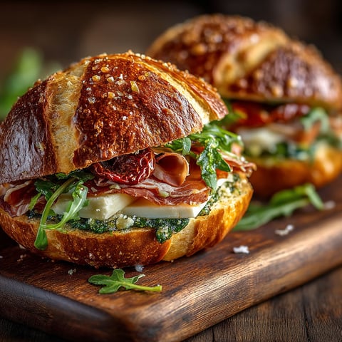 Two sandwiches with meat and greens on a wooden table.