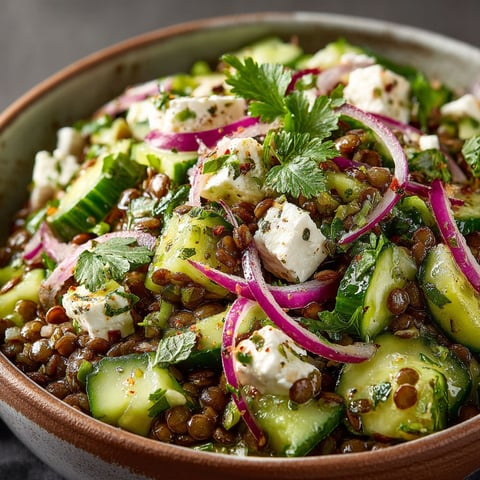 A bowl of salad with lentils, cucumbers, and feta cheese.