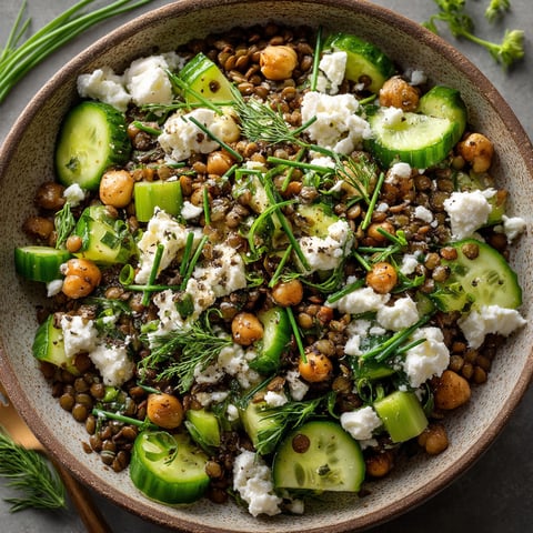 A bowl of salad with lentils, cucumbers, and feta cheese.