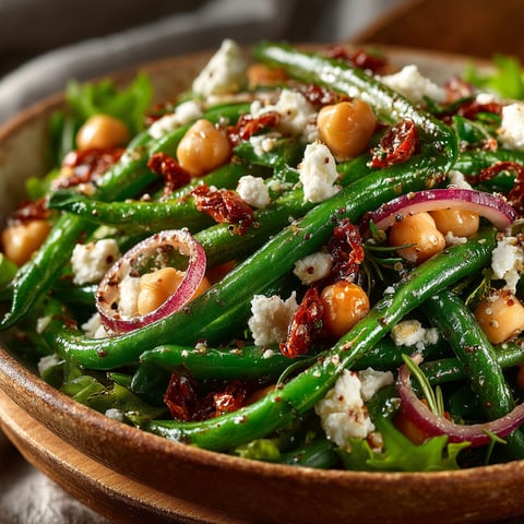 A bowl of salad with green beans, feta cheese, and chickpeas.