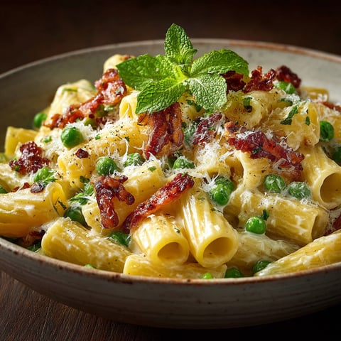 A bowl of pasta with peas and bacon.