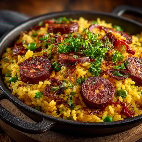 A close up of a delicious paella dish.