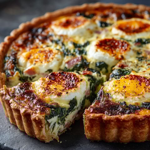 A slice of quiche chèvre, épinards & jambonull.