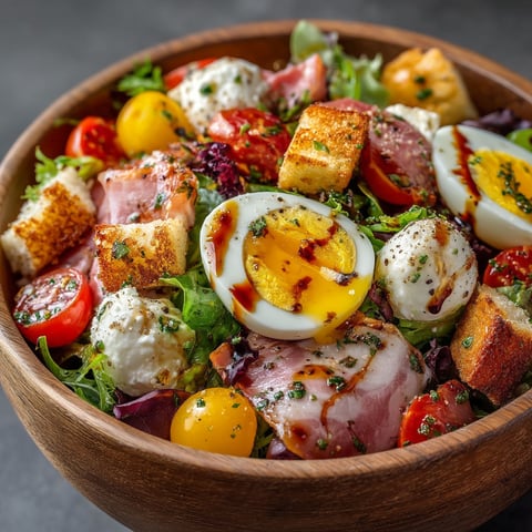 A bowl of salad with eggs, tomatoes, and ham.