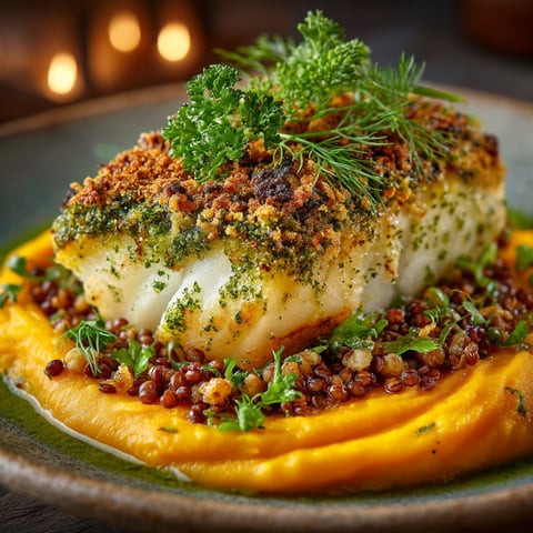 A dish with fish and herbs on top.