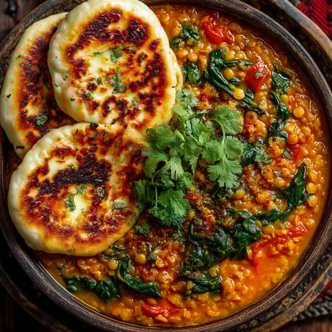 A bowl of curry with lentils and cheese naan.