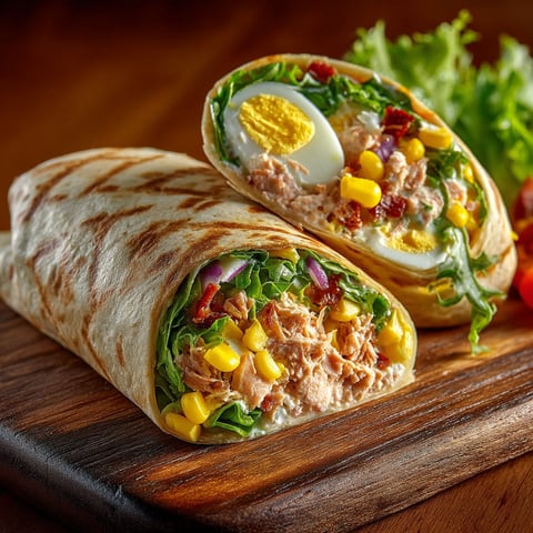 A wrap with eggs and corn.