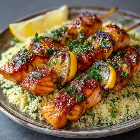A plate of grilled salmon with lemon and herbs.