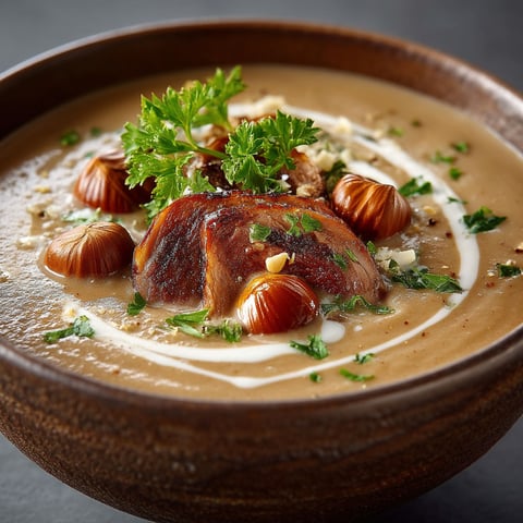 A bowl of soup with a green herb on top.