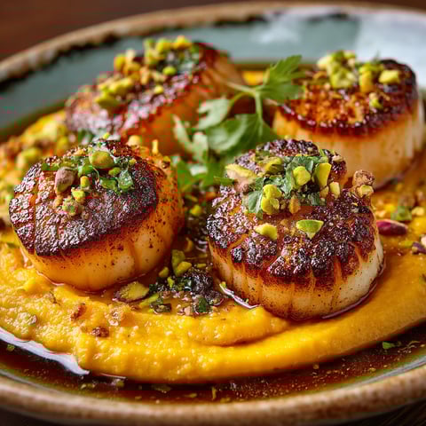 A plate of food with Saint-Jacques, purée de courge & pistaches.
